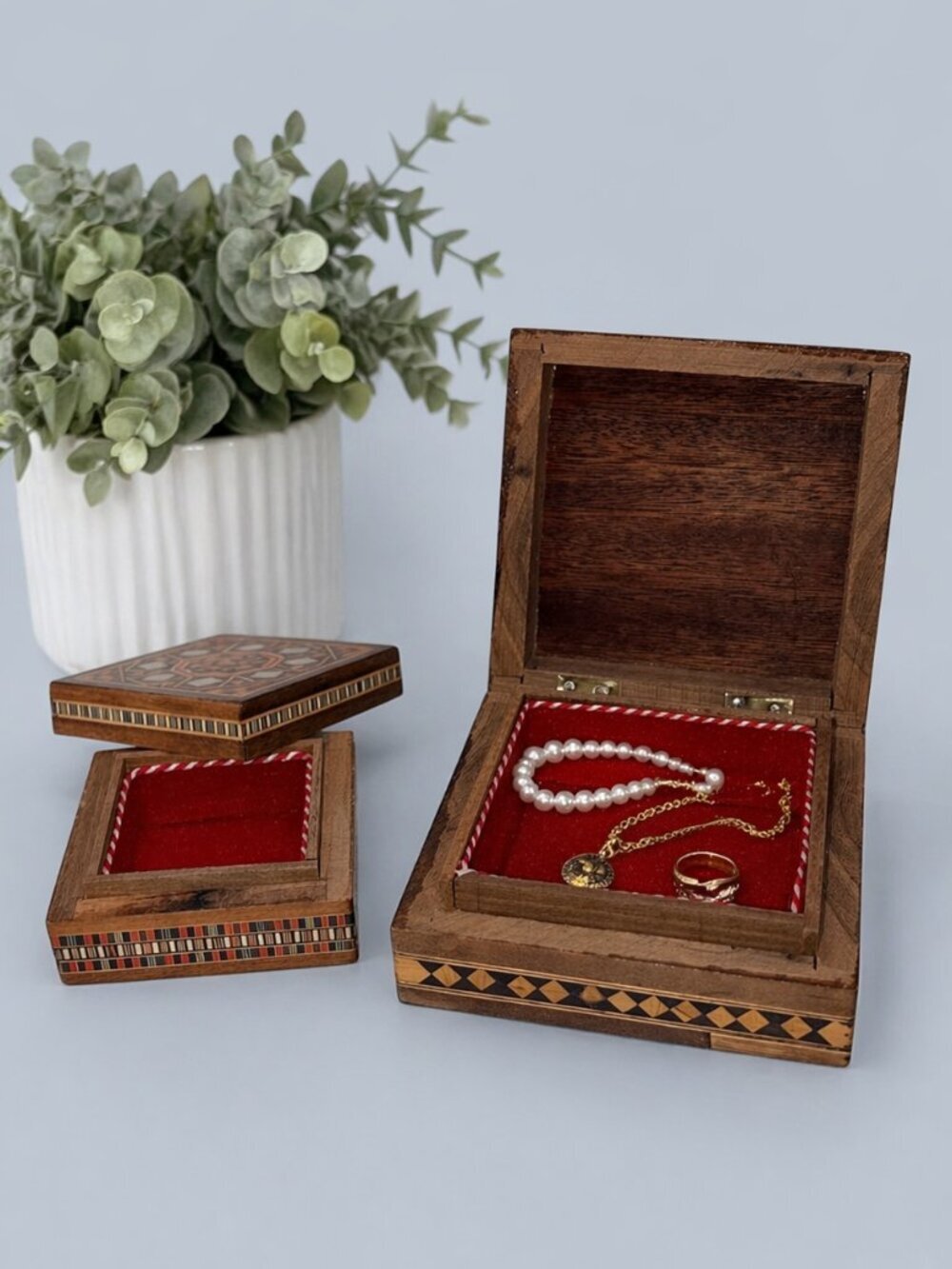 Set of 2 Handcrafted Wooden Jewelry Boxes w/ Mosaic Inlay – Moorish Syrian Style